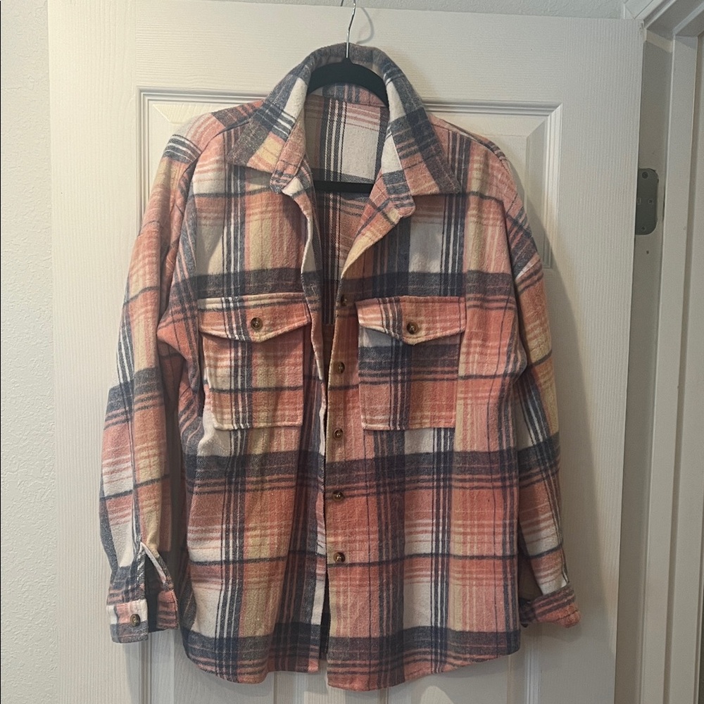 Plaid Button-Up Shacket in Pink and Blue